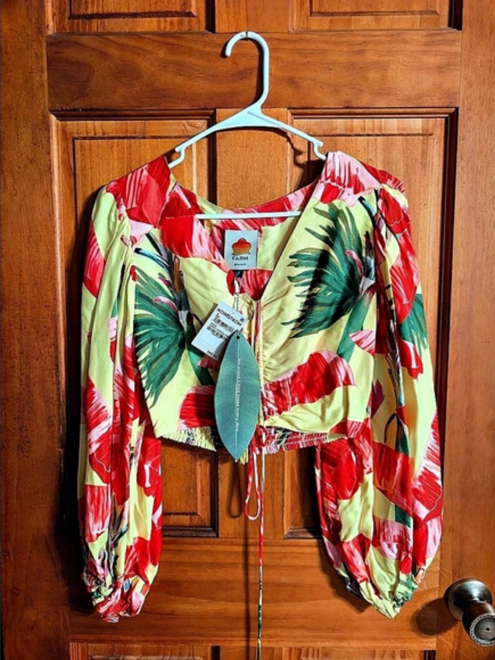 Farm Rio Sweet Jungle Long Sleeve Crop Top Green & Red Small NWT